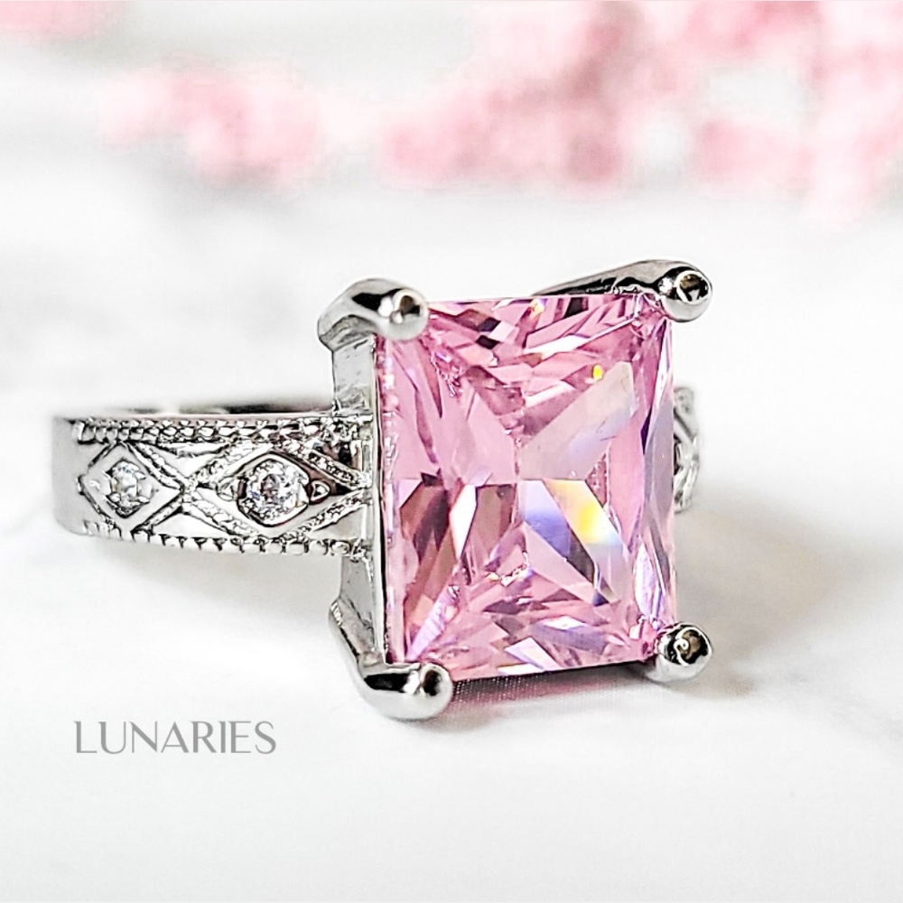 925 Sterling Silver Pink CZ Statement Ring: Vintage Style Cocktail Ring, Size 7
